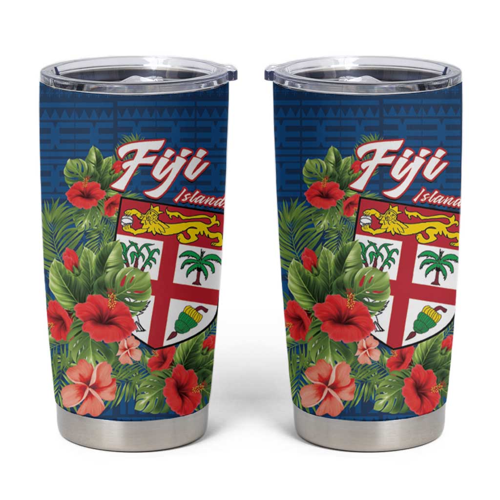 Fiji Island Tropical Flowers and Tapa Pattern Tumbler Cup LT9 Blue - Polynesian Pride