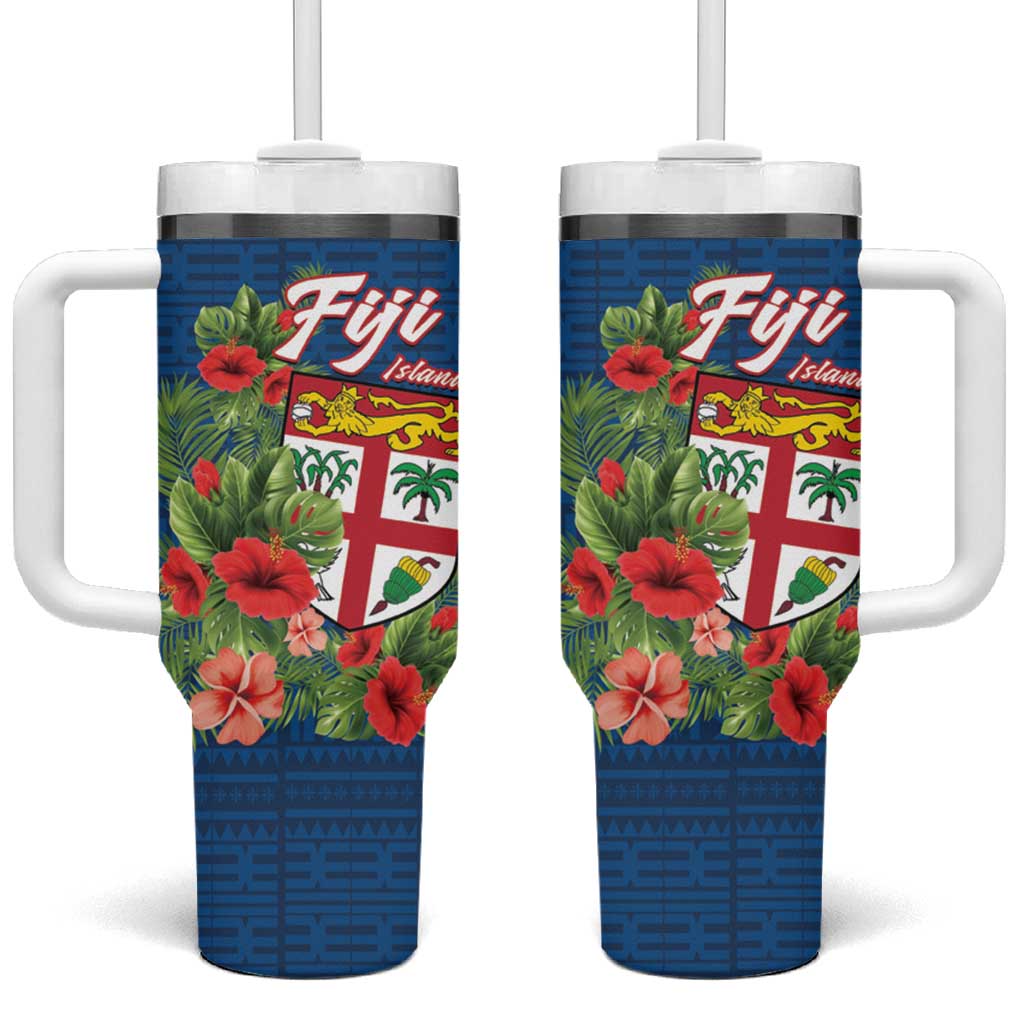 Fiji Island Tropical Flowers and Tapa Pattern Tumbler With Handle LT9 One Size: 40 oz Blue - Polynesian Pride