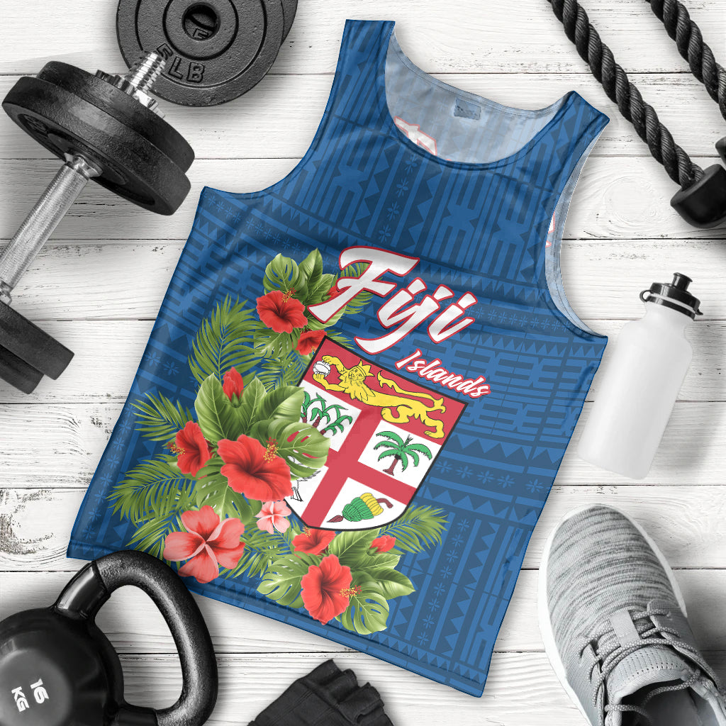 Personalised Fiji Men Tank Top Tropical Flowers and Tapa Pattern LT9 Blue - Polynesian Pride