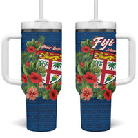 Personalised Fiji Island Tropical Flowers and Tapa Pattern Tumbler With Handle LT9 One Size: 40 oz Blue - Polynesian Pride
