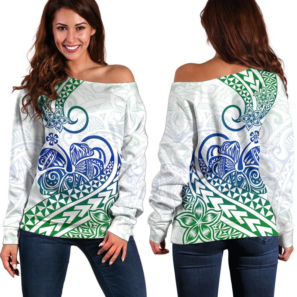 Polynesian Off Shoulder Sweater Tribal Tattoo Gradient 03 Screen Color LT9 Women Gradient - Polynesian Pride