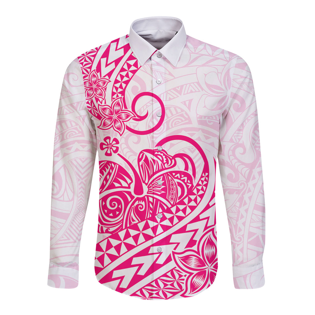 Polynesian Long Sleeve Button Shirt Tribal Tattoo Pink Screen Color LT9 Unisex Pink - Polynesian Pride