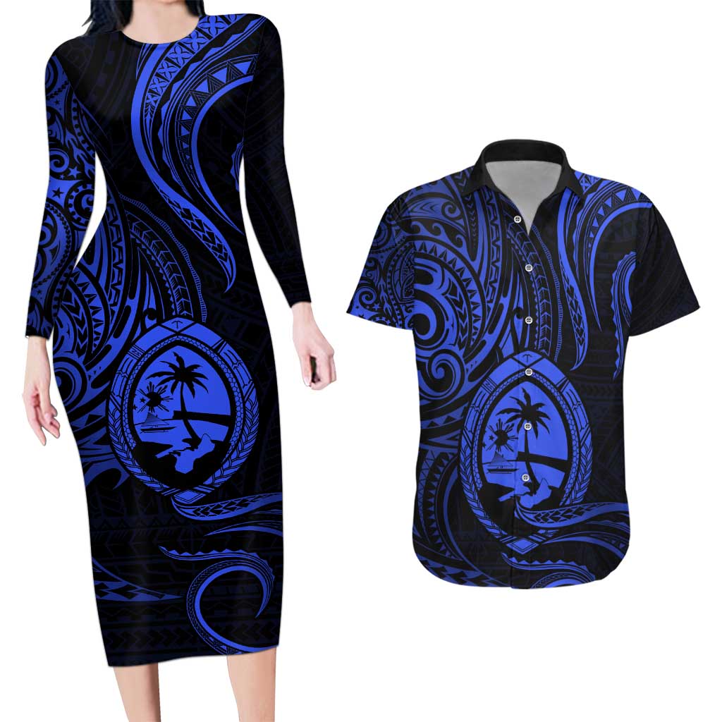 Polynesian Guam Coat of Arms Couples Matching Long Sleeve Bodycon Dress and Hawaiian Shirt Polynesian Tribal Tattoo Blue Version