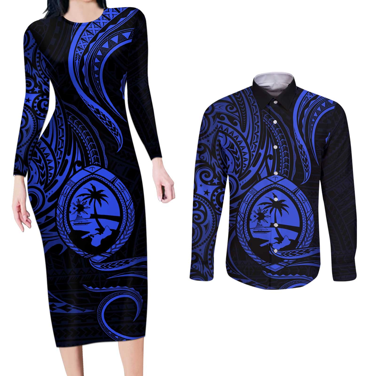 Polynesian Guam Coat of Arms Couples Matching Long Sleeve Bodycon Dress and Long Sleeve Button Shirt Polynesian Tribal Tattoo Blue Version LT9 Blue - Polynesian Pride