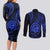 Polynesian Guam Coat of Arms Couples Matching Long Sleeve Bodycon Dress and Long Sleeve Button Shirt Polynesian Tribal Tattoo Blue Version