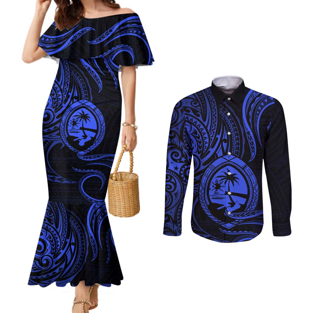 Polynesian Guam Coat of Arms Couples Matching Mermaid Dress and Long Sleeve Button Shirt Polynesian Tribal Tattoo Blue Version LT9 Blue - Polynesian Pride