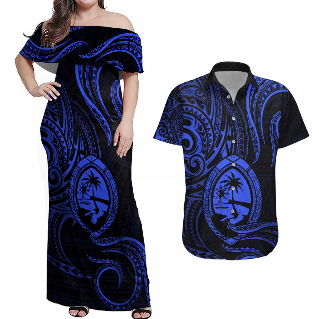 Polynesian Guam Coat of Arms Couples Matching Off Shoulder Maxi Dress and Hawaiian Shirt Polynesian Tribal Tattoo Blue Version