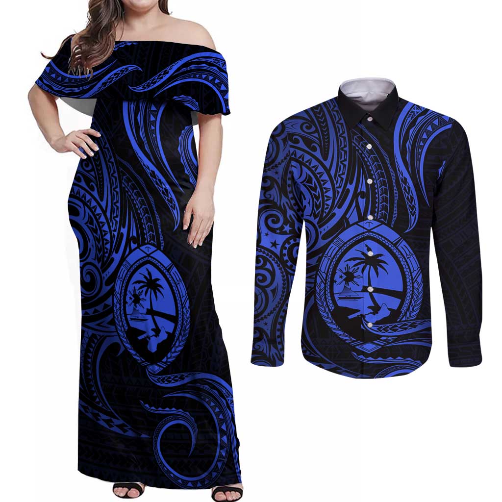 Polynesian Guam Coat of Arms Couples Matching Off Shoulder Maxi Dress and Long Sleeve Button Shirt Polynesian Tribal Tattoo Blue Version