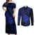 Polynesian Guam Coat of Arms Couples Matching Off Shoulder Maxi Dress and Long Sleeve Button Shirt Polynesian Tribal Tattoo Blue Version