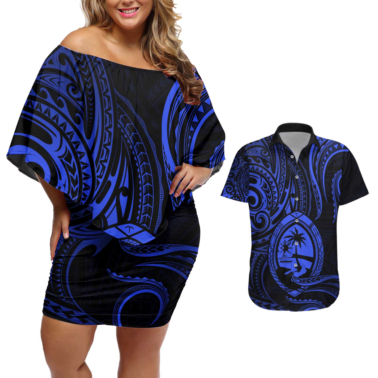 Polynesian Guam Coat of Arms Couples Matching Off Shoulder Short Dress and Hawaiian Shirt Polynesian Tribal Tattoo Blue Version