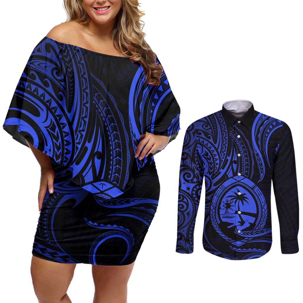 Polynesian Guam Coat of Arms Couples Matching Off Shoulder Short Dress and Long Sleeve Button Shirt Polynesian Tribal Tattoo Blue Version