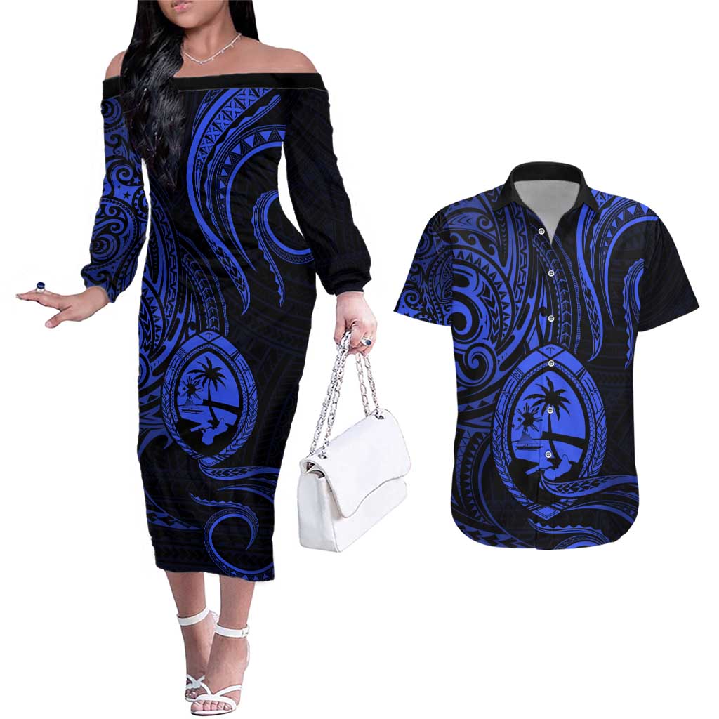 Polynesian Guam Coat of Arms Couples Matching Off The Shoulder Long Sleeve Dress and Hawaiian Shirt Polynesian Tribal Tattoo Blue Version