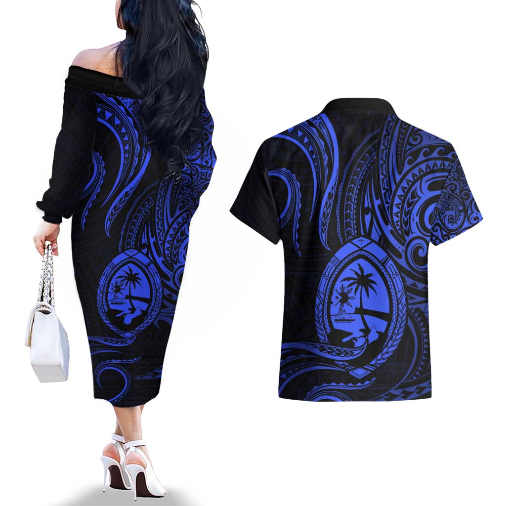 Polynesian Guam Coat of Arms Couples Matching Off The Shoulder Long Sleeve Dress and Hawaiian Shirt Polynesian Tribal Tattoo Blue Version LT9 - Polynesian Pride