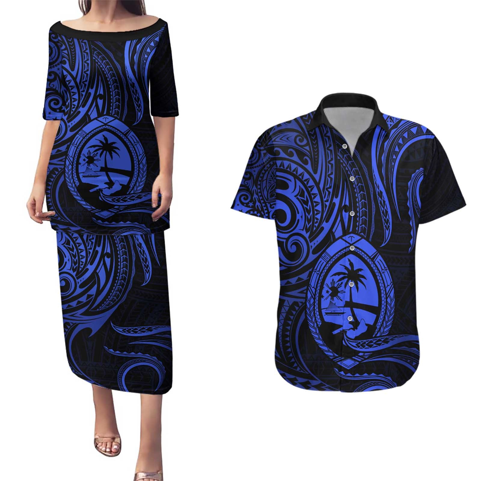 Polynesian Guam Coat of Arms Couples Matching Puletasi and Hawaiian Shirt Polynesian Tribal Tattoo Blue Version LT9 Blue - Polynesian Pride