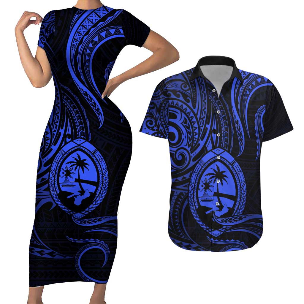 Polynesian Guam Coat of Arms Couples Matching Short Sleeve Bodycon Dress and Hawaiian Shirt Polynesian Tribal Tattoo Blue Version LT9 Blue - Polynesian Pride