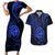 Polynesian Guam Coat of Arms Couples Matching Short Sleeve Bodycon Dress and Hawaiian Shirt Polynesian Tribal Tattoo Blue Version