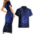 Polynesian Guam Coat of Arms Couples Matching Short Sleeve Bodycon Dress and Hawaiian Shirt Polynesian Tribal Tattoo Blue Version