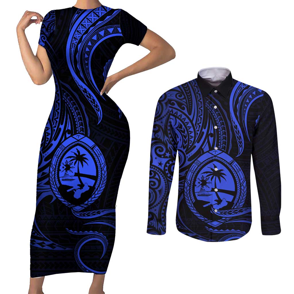 Polynesian Guam Coat of Arms Couples Matching Short Sleeve Bodycon Dress and Long Sleeve Button Shirt Polynesian Tribal Tattoo Blue Version LT9 Blue - Polynesian Pride