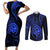 Polynesian Guam Coat of Arms Couples Matching Short Sleeve Bodycon Dress and Long Sleeve Button Shirt Polynesian Tribal Tattoo Blue Version