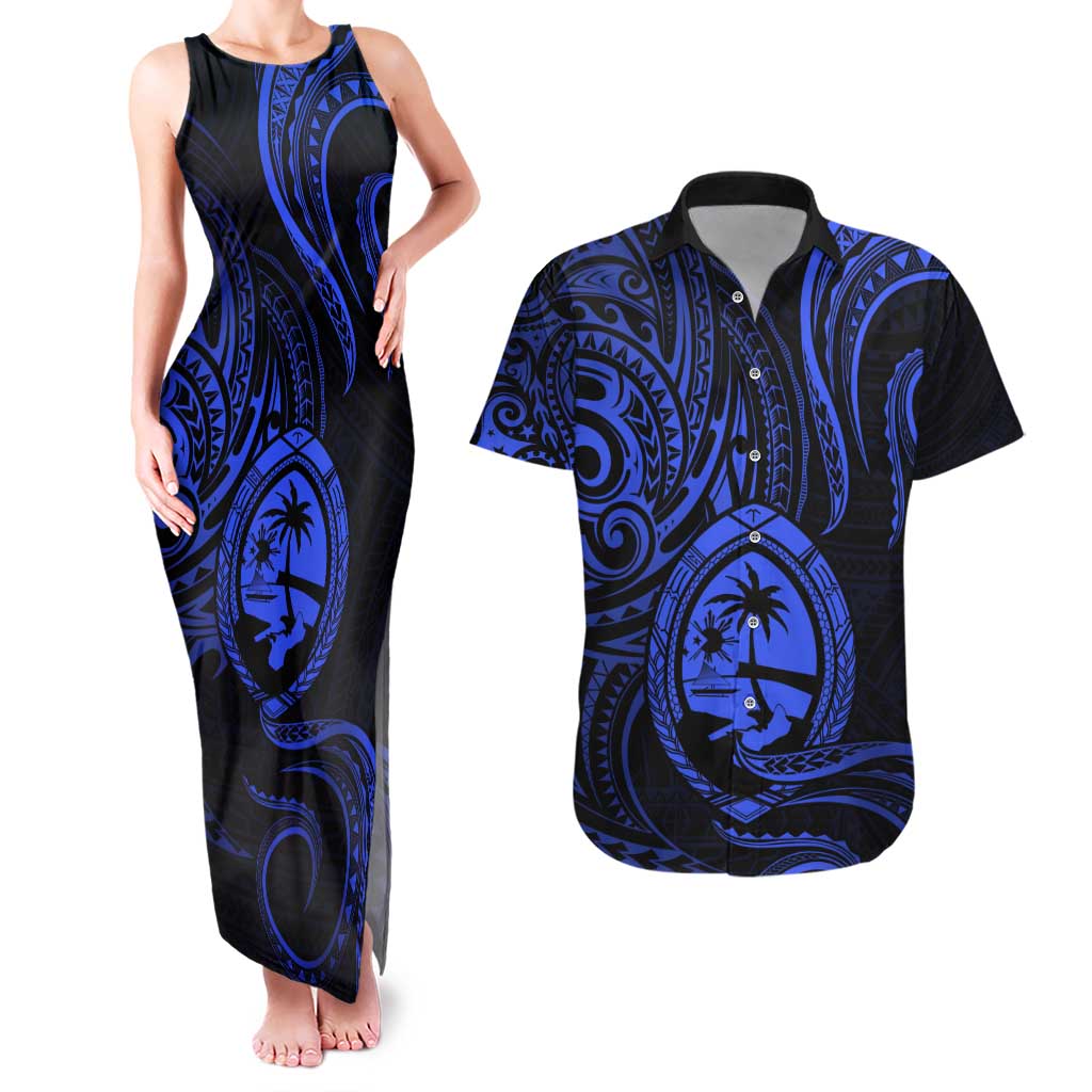 Polynesian Guam Coat of Arms Couples Matching Tank Maxi Dress and Hawaiian Shirt Polynesian Tribal Tattoo Blue Version LT9 Blue - Polynesian Pride