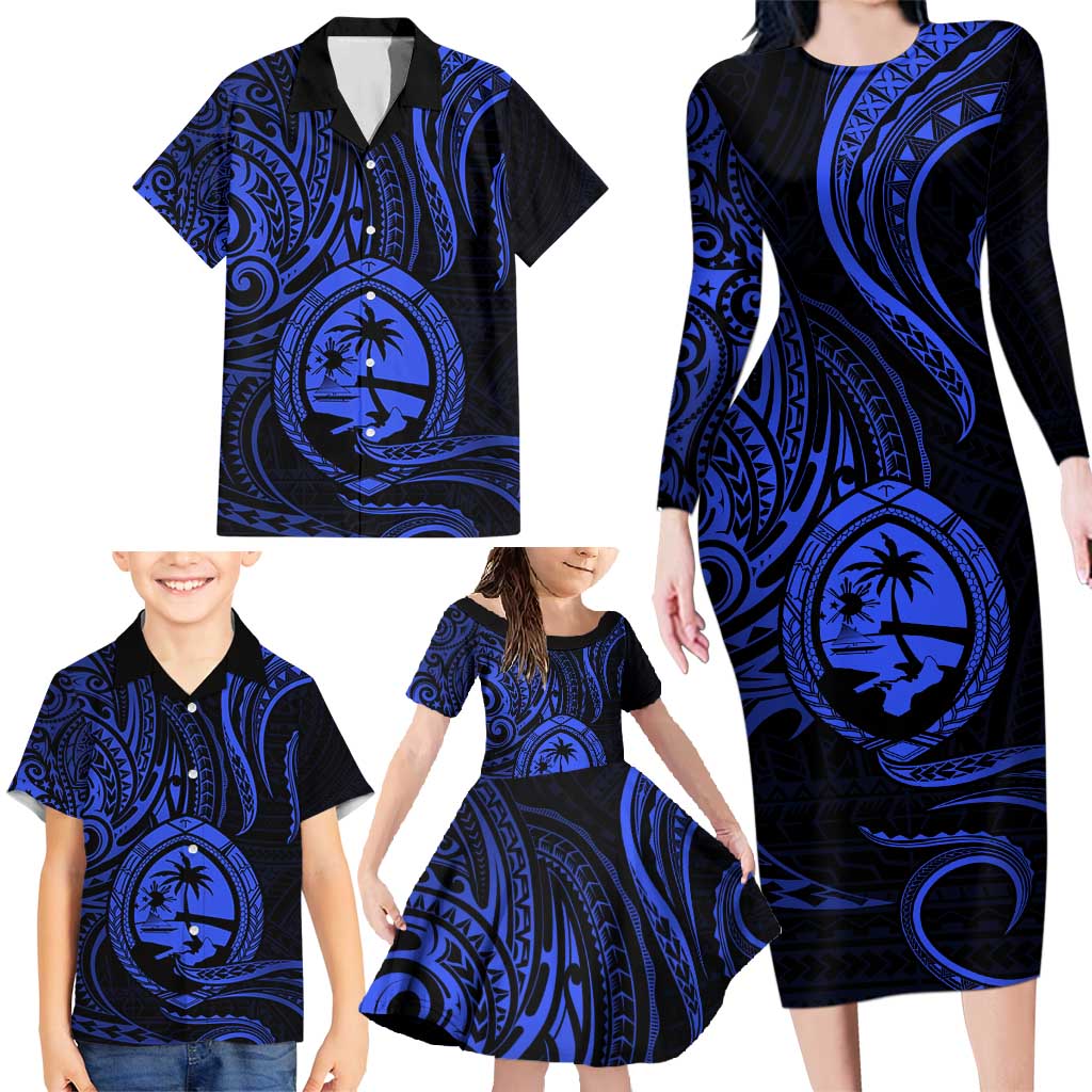 Polynesian Guam Coat of Arms Family Matching Long Sleeve Bodycon Dress and Hawaiian Shirt Polynesian Tribal Tattoo Blue Version