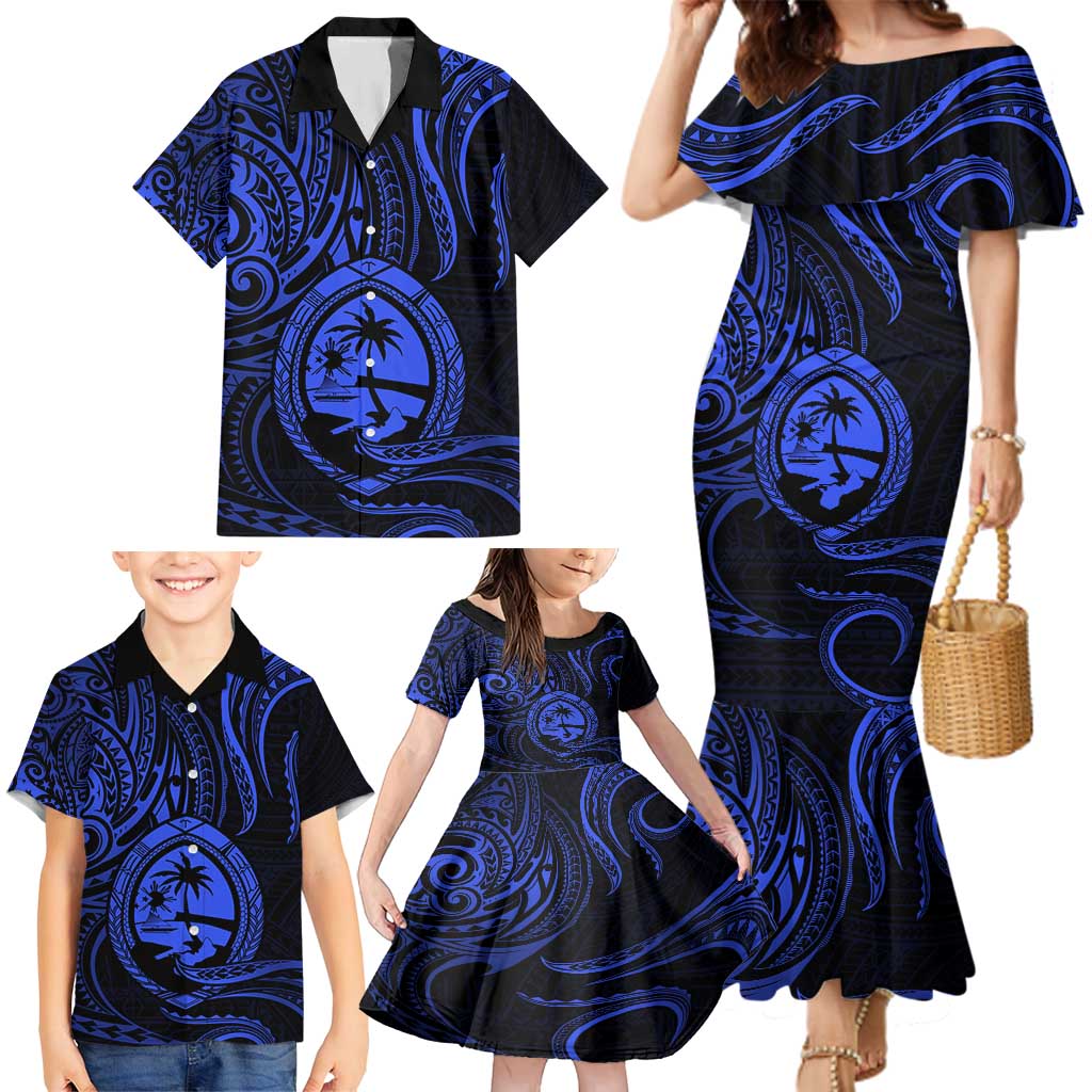 Polynesian Guam Coat of Arms Family Matching Mermaid Dress and Hawaiian Shirt Polynesian Tribal Tattoo Blue Version