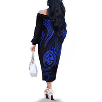 Polynesian Guam Coat of Arms Family Matching Off The Shoulder Long Sleeve Dress and Hawaiian Shirt Polynesian Tribal Tattoo Blue Version