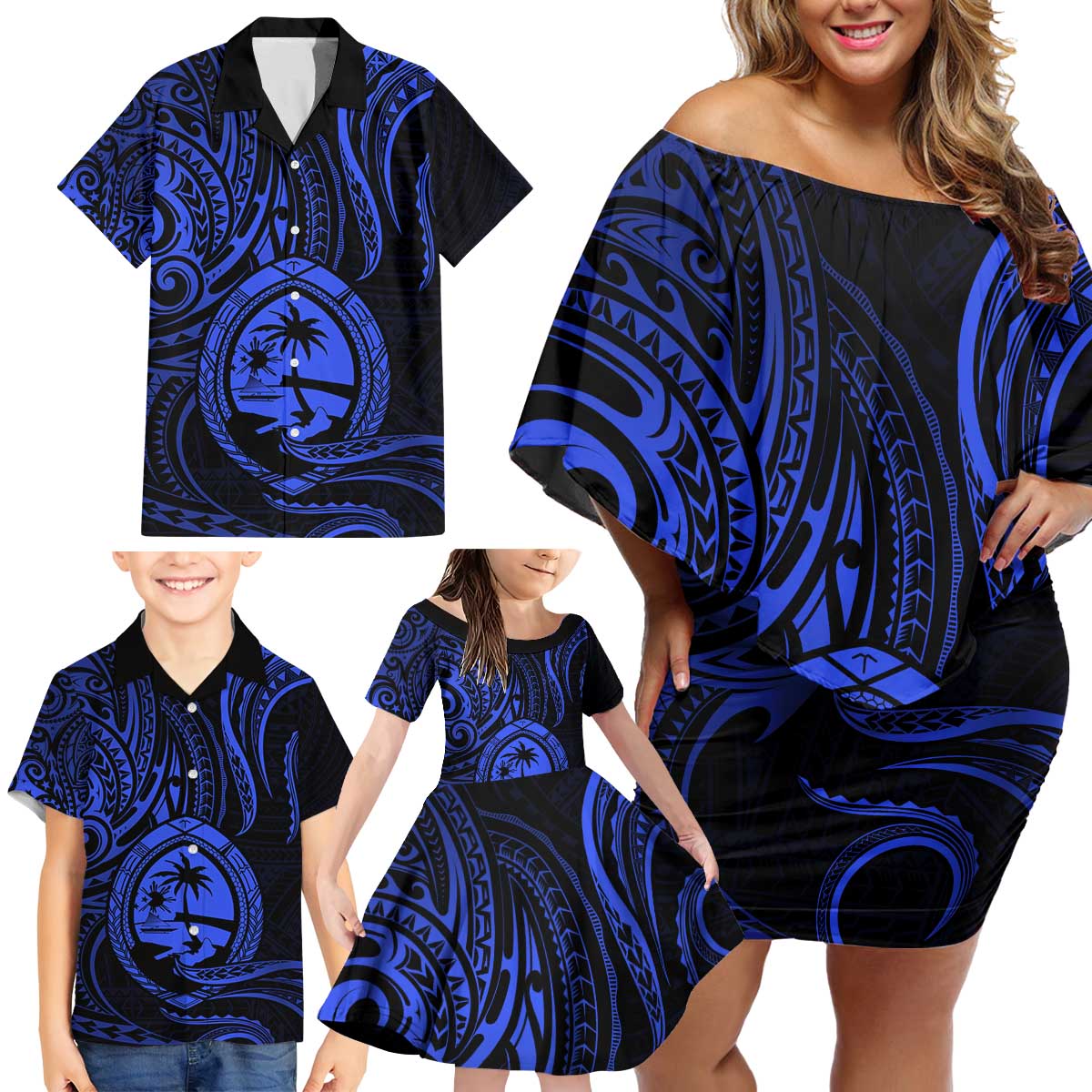 Polynesian Guam Coat of Arms Family Matching Off Shoulder Short Dress and Hawaiian Shirt Polynesian Tribal Tattoo Blue Version