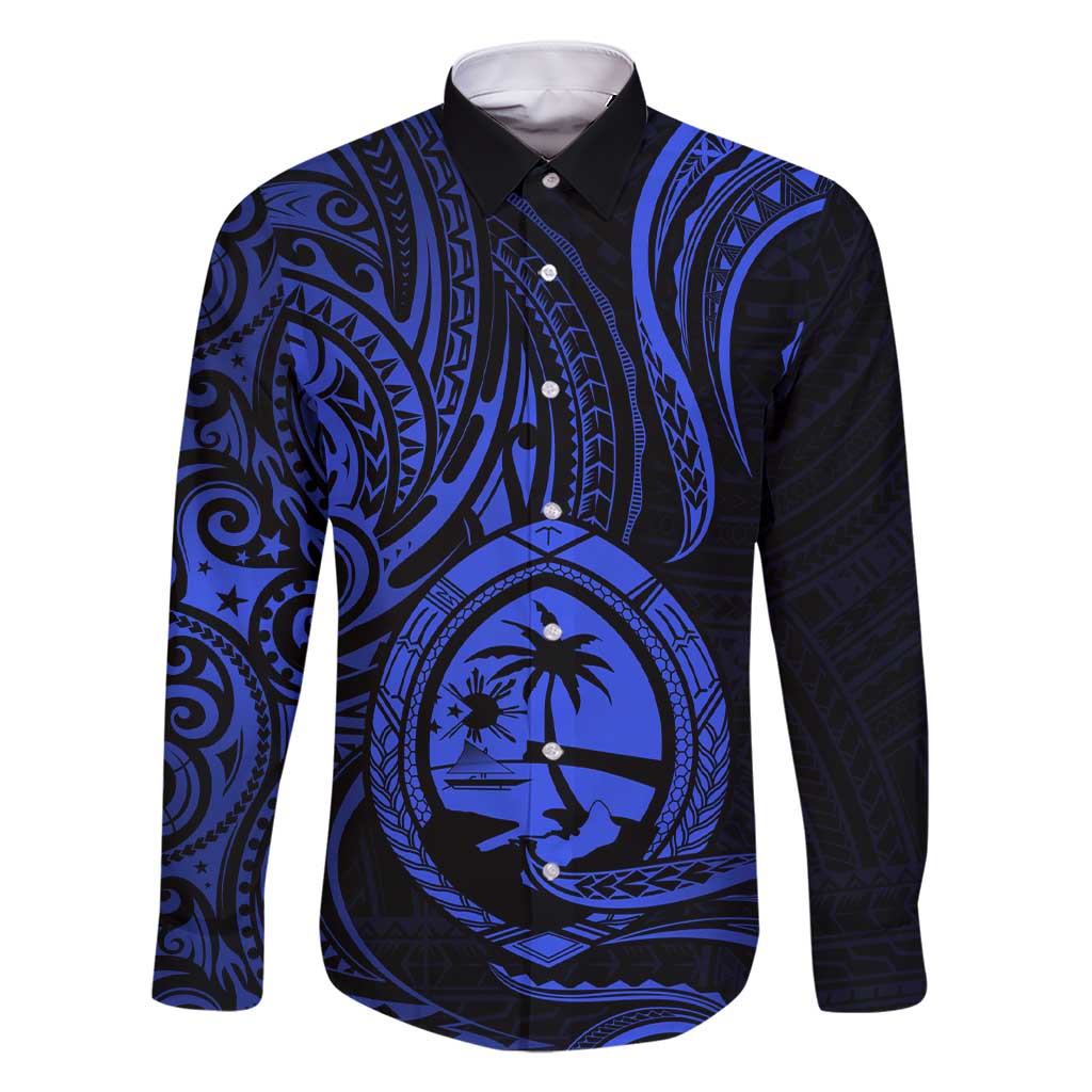 Polynesian Guam Coat of Arms Family Matching Short Sleeve Bodycon Dress and Hawaiian Shirt Polynesian Tribal Tattoo Blue Version