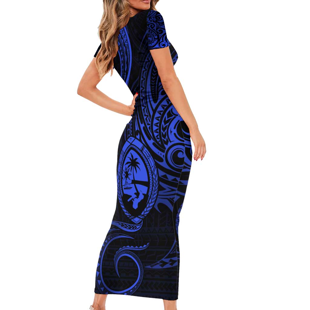 Polynesian Guam Coat of Arms Family Matching Short Sleeve Bodycon Dress and Hawaiian Shirt Polynesian Tribal Tattoo Blue Version