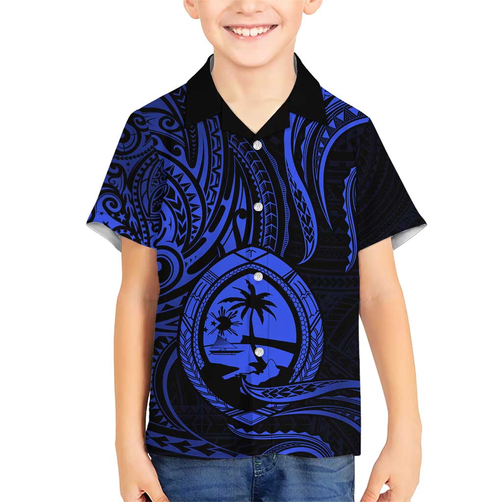 Polynesian Guam Coat of Arms Family Matching Short Sleeve Bodycon Dress and Hawaiian Shirt Polynesian Tribal Tattoo Blue Version