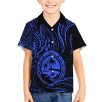Polynesian Guam Coat of Arms Family Matching Short Sleeve Bodycon Dress and Hawaiian Shirt Polynesian Tribal Tattoo Blue Version