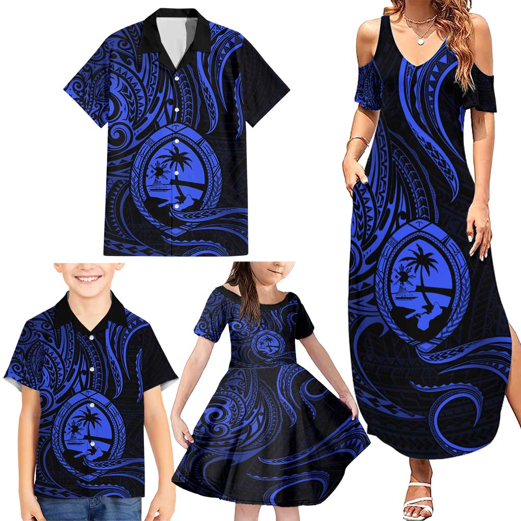 Polynesian Guam Coat of Arms Family Matching Summer Maxi Dress and Hawaiian Shirt Polynesian Tribal Tattoo Blue Version