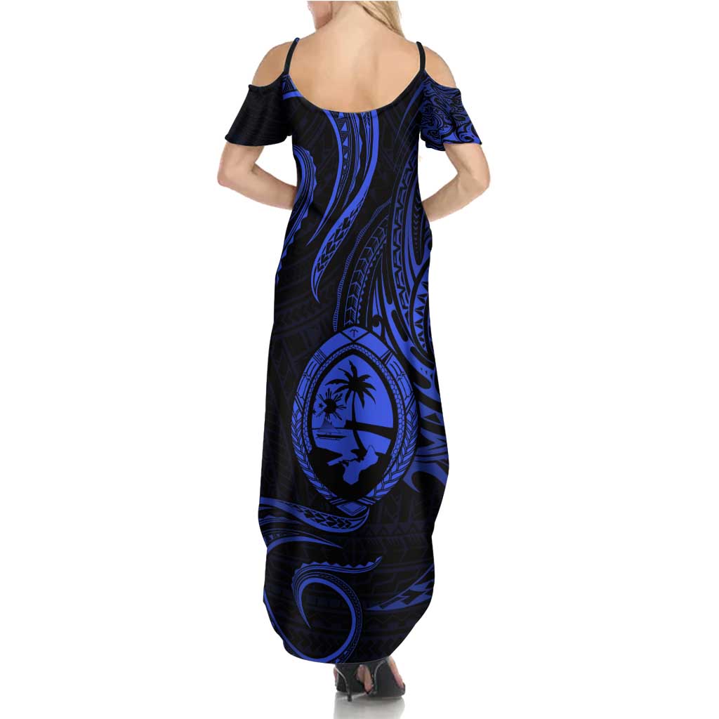 Polynesian Guam Coat of Arms Family Matching Summer Maxi Dress and Hawaiian Shirt Polynesian Tribal Tattoo Blue Version