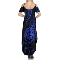 Polynesian Guam Coat of Arms Family Matching Summer Maxi Dress and Hawaiian Shirt Polynesian Tribal Tattoo Blue Version