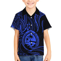 Polynesian Guam Coat of Arms Family Matching Summer Maxi Dress and Hawaiian Shirt Polynesian Tribal Tattoo Blue Version