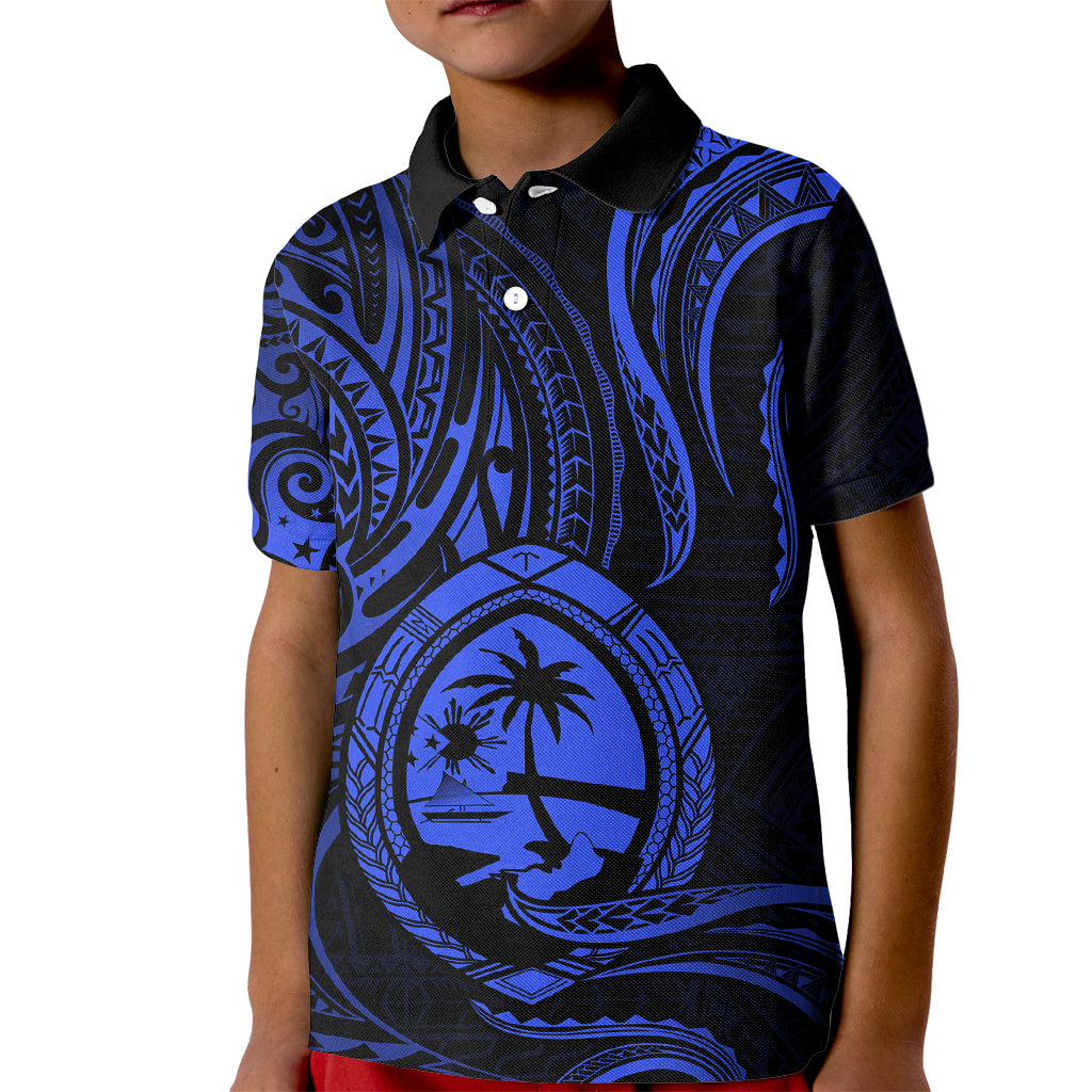 Polynesian Pride Guam Kid Polo Shirt With Polynesian Tribal Tattoo and Coat of Arms Blue Version LT9 Kid Blue - Polynesian Pride