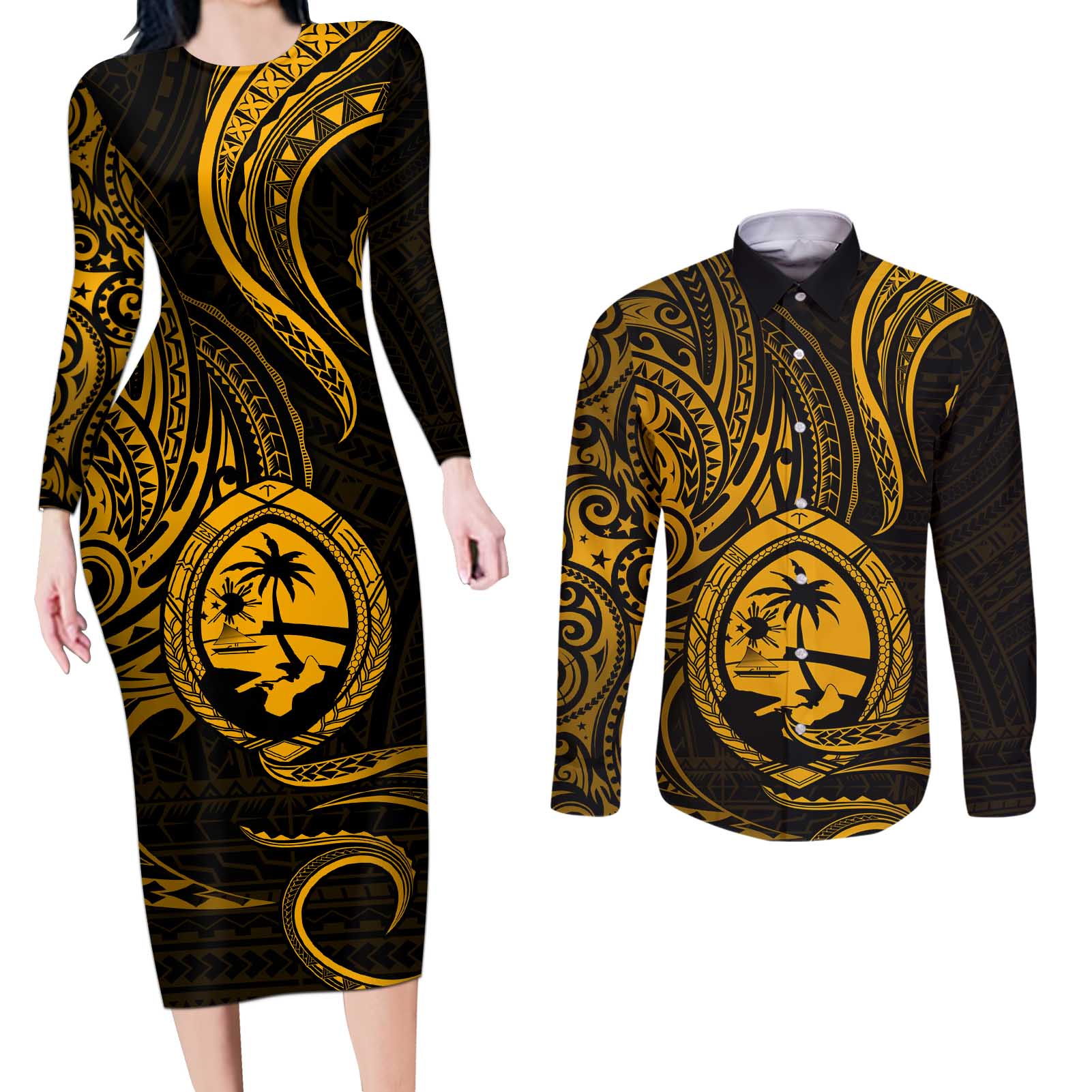 Polynesian Guam Coat of Arms Couples Matching Long Sleeve Bodycon Dress and Long Sleeve Button Shirt Polynesian Tribal Tattoo Gold Version