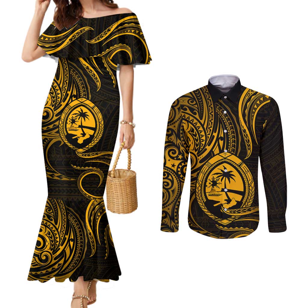 Polynesian Guam Coat of Arms Couples Matching Mermaid Dress and Long Sleeve Button Shirt Polynesian Tribal Tattoo Gold Version