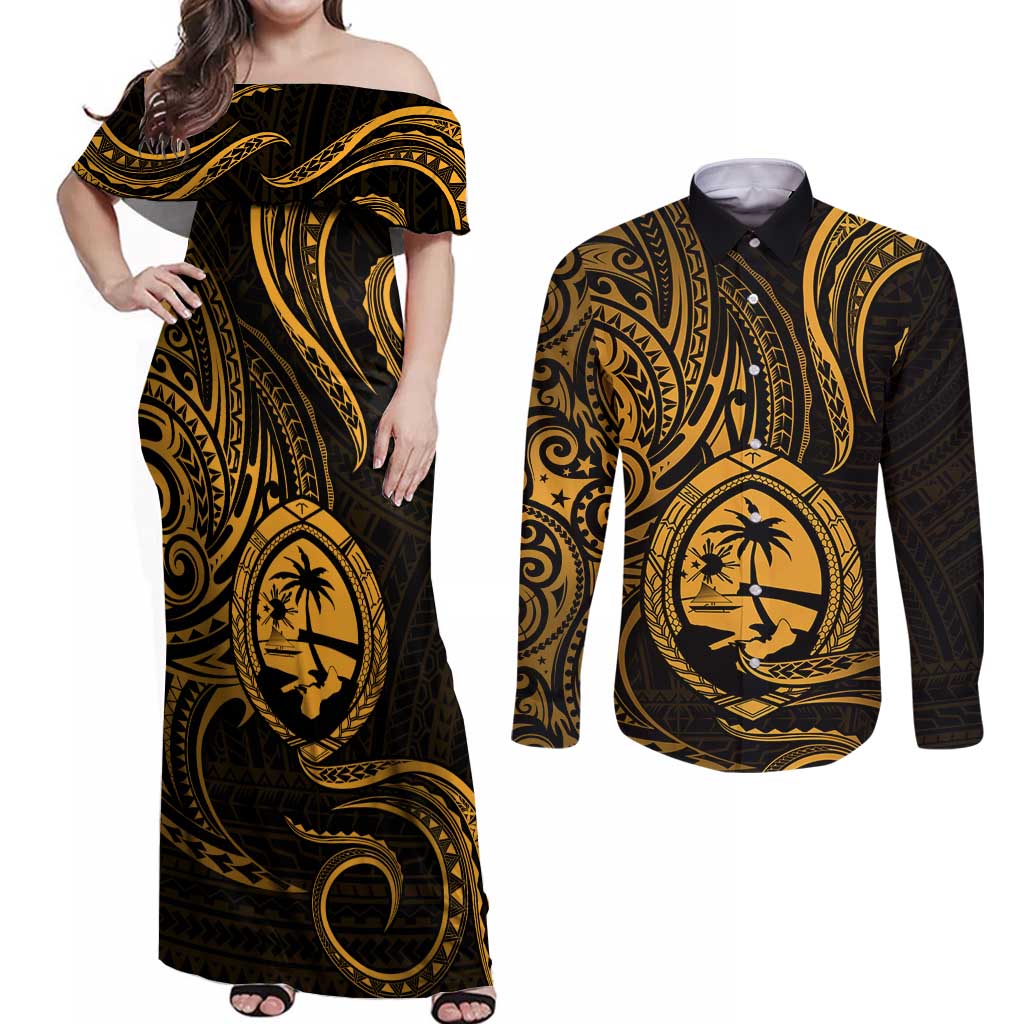 Polynesian Guam Coat of Arms Couples Matching Off Shoulder Maxi Dress and Long Sleeve Button Shirt Polynesian Tribal Tattoo Gold Version