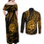 Polynesian Guam Coat of Arms Couples Matching Off Shoulder Maxi Dress and Long Sleeve Button Shirt Polynesian Tribal Tattoo Gold Version