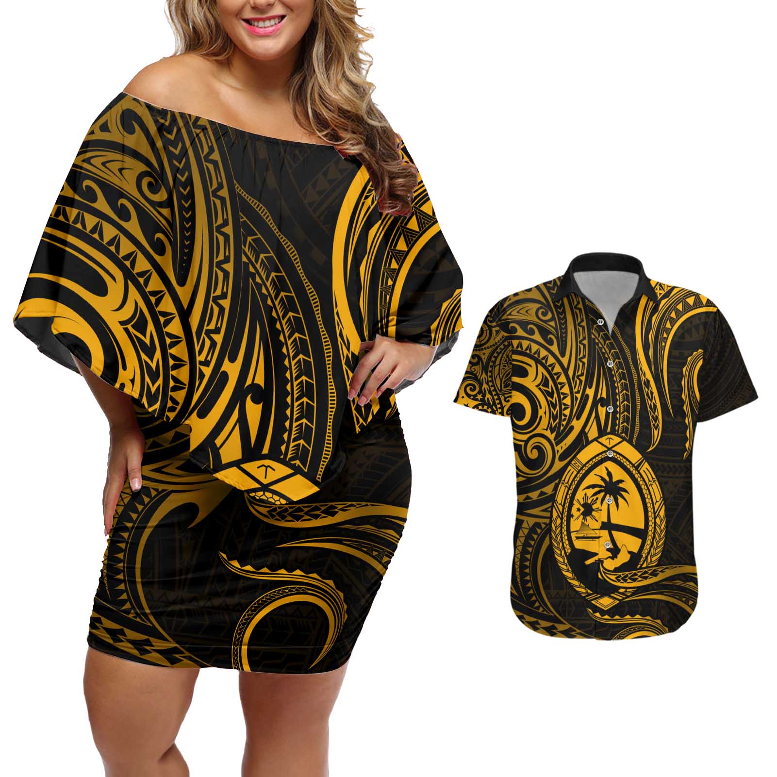 Polynesian Guam Coat of Arms Couples Matching Off Shoulder Short Dress and Hawaiian Shirt Polynesian Tribal Tattoo Gold Version