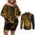 Polynesian Guam Coat of Arms Couples Matching Off Shoulder Short Dress and Long Sleeve Button Shirt Polynesian Tribal Tattoo Gold Version