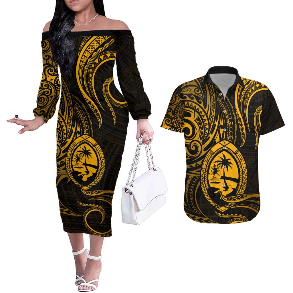 Polynesian Guam Coat of Arms Couples Matching Off The Shoulder Long Sleeve Dress and Hawaiian Shirt Polynesian Tribal Tattoo Gold Version LT9 Gold - Polynesian Pride