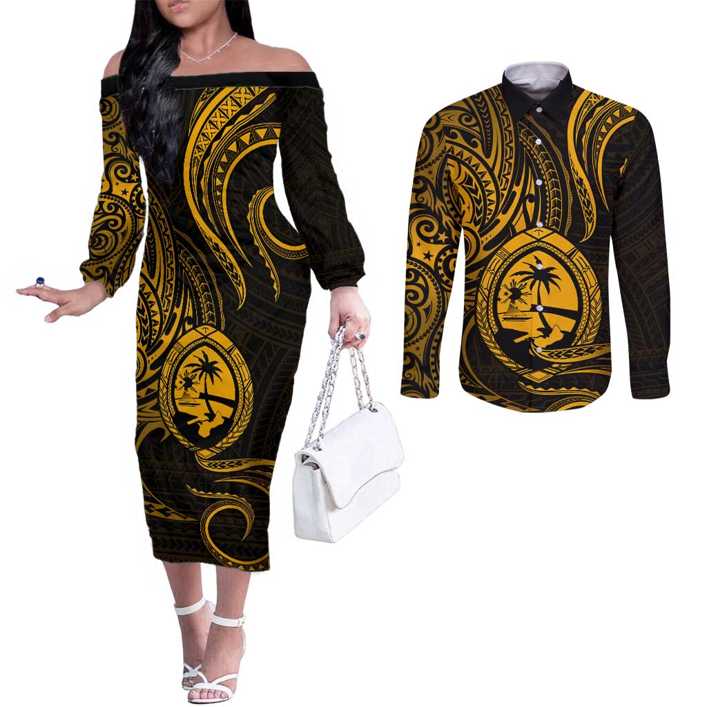 Polynesian Guam Coat of Arms Couples Matching Off The Shoulder Long Sleeve Dress and Long Sleeve Button Shirt Polynesian Tribal Tattoo Gold Version