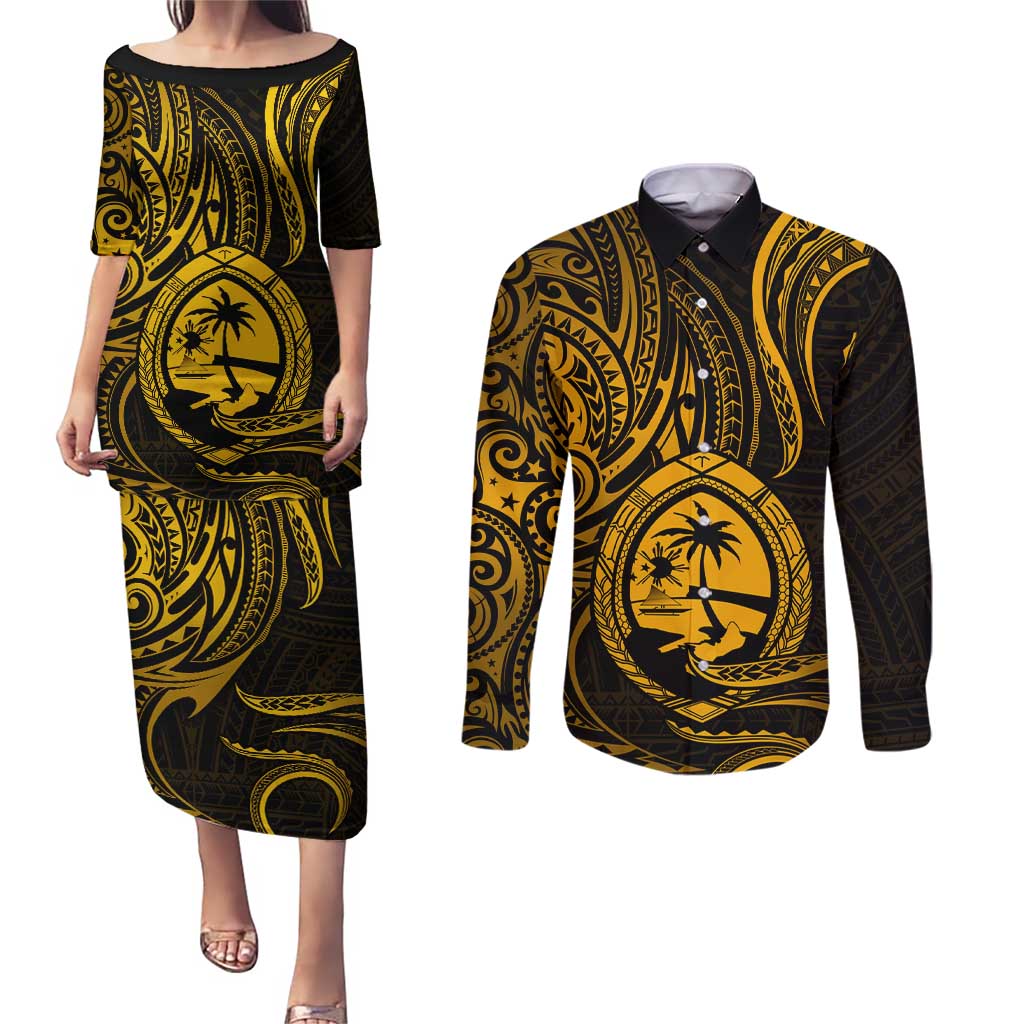 Polynesian Guam Coat of Arms Couples Matching Puletasi and Long Sleeve Button Shirt Polynesian Tribal Tattoo Gold Version