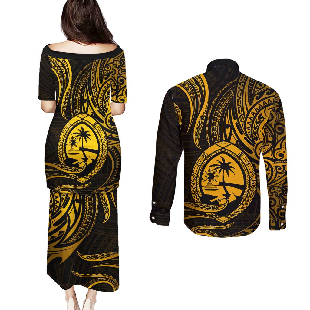 Polynesian Guam Coat of Arms Couples Matching Puletasi and Long Sleeve Button Shirt Polynesian Tribal Tattoo Gold Version