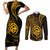 Polynesian Guam Coat of Arms Couples Matching Short Sleeve Bodycon Dress and Long Sleeve Button Shirt Polynesian Tribal Tattoo Gold Version