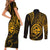 Polynesian Guam Coat of Arms Couples Matching Short Sleeve Bodycon Dress and Long Sleeve Button Shirt Polynesian Tribal Tattoo Gold Version