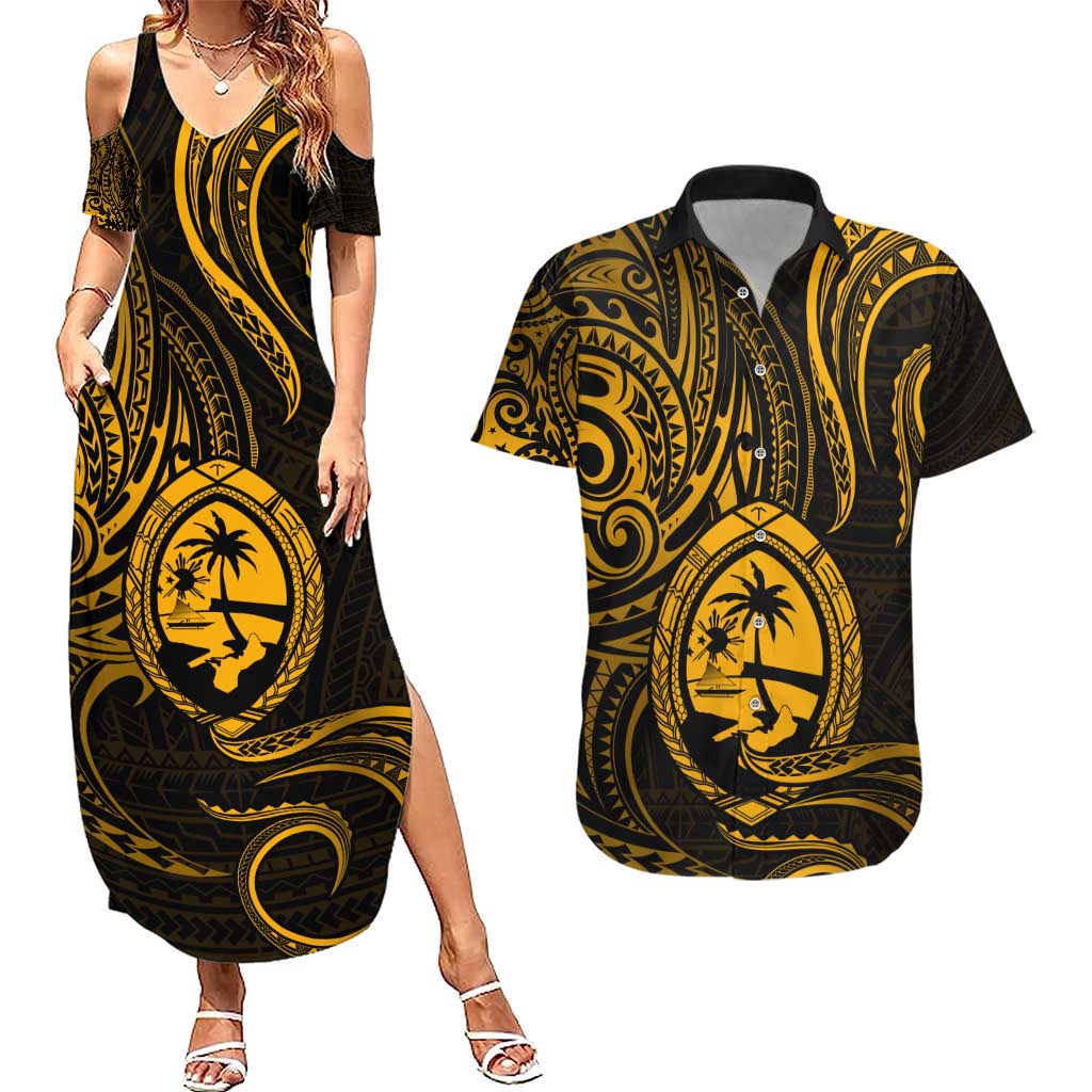 Polynesian Guam Coat of Arms Couples Matching Summer Maxi Dress and Hawaiian Shirt Polynesian Tribal Tattoo Gold Version